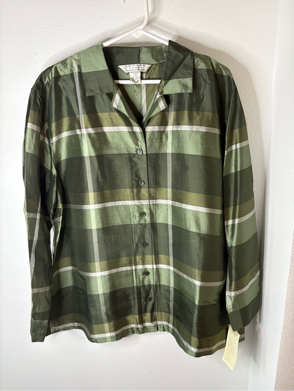 JohnPaulRichard Olive and Dark Green Plaid Button-Down Shirt - 100% Silk - 1X
